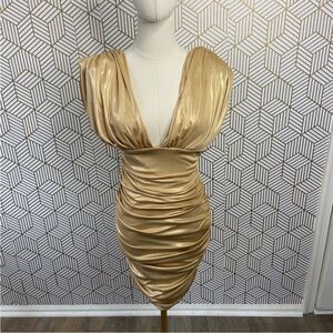 Bebe Gold Ruched Deep V Women's Dress plunge front